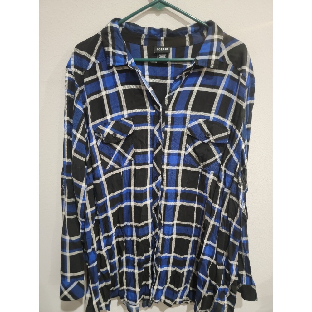 Torrid women's blue Plaid Challis Button Down Shirt Long sleeve Plus size 4 4X